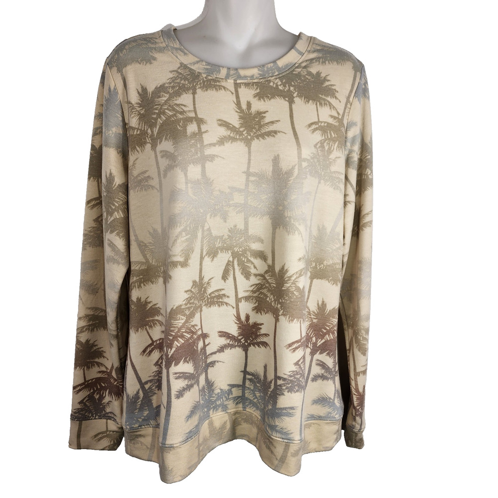 Denim & Co Womens Beach Sweatshirt S Gray Palm Tree Print Crew Neck Long Sleeve
